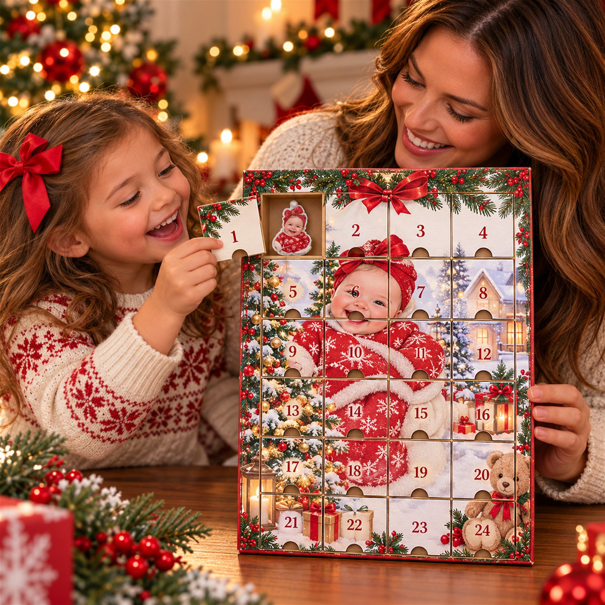 Personalized Baby's First Christmas Photo Advent Calendar with 24 Photo Ornaments