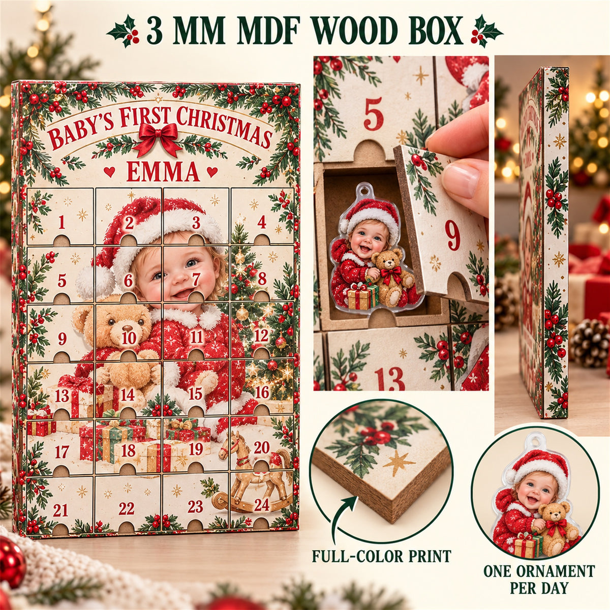 Personalized Baby's First Christmas Photo Advent Calendar with 24 Photo Ornaments