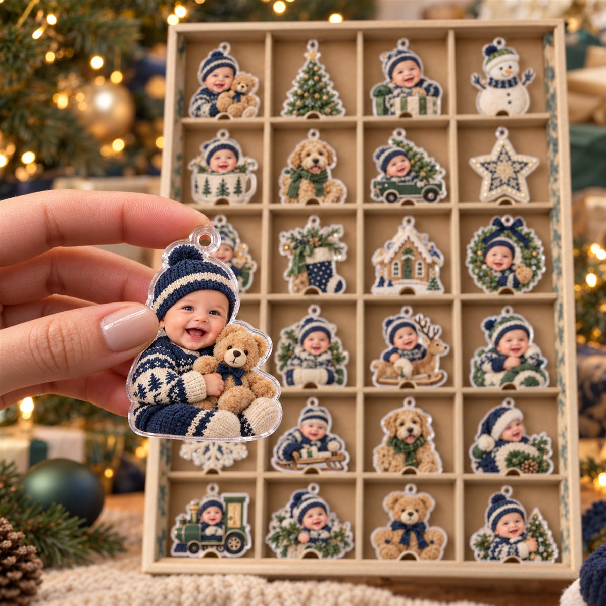 Personalized Baby Boy First Christmas Advent Calendar with 24 Photo Ornaments