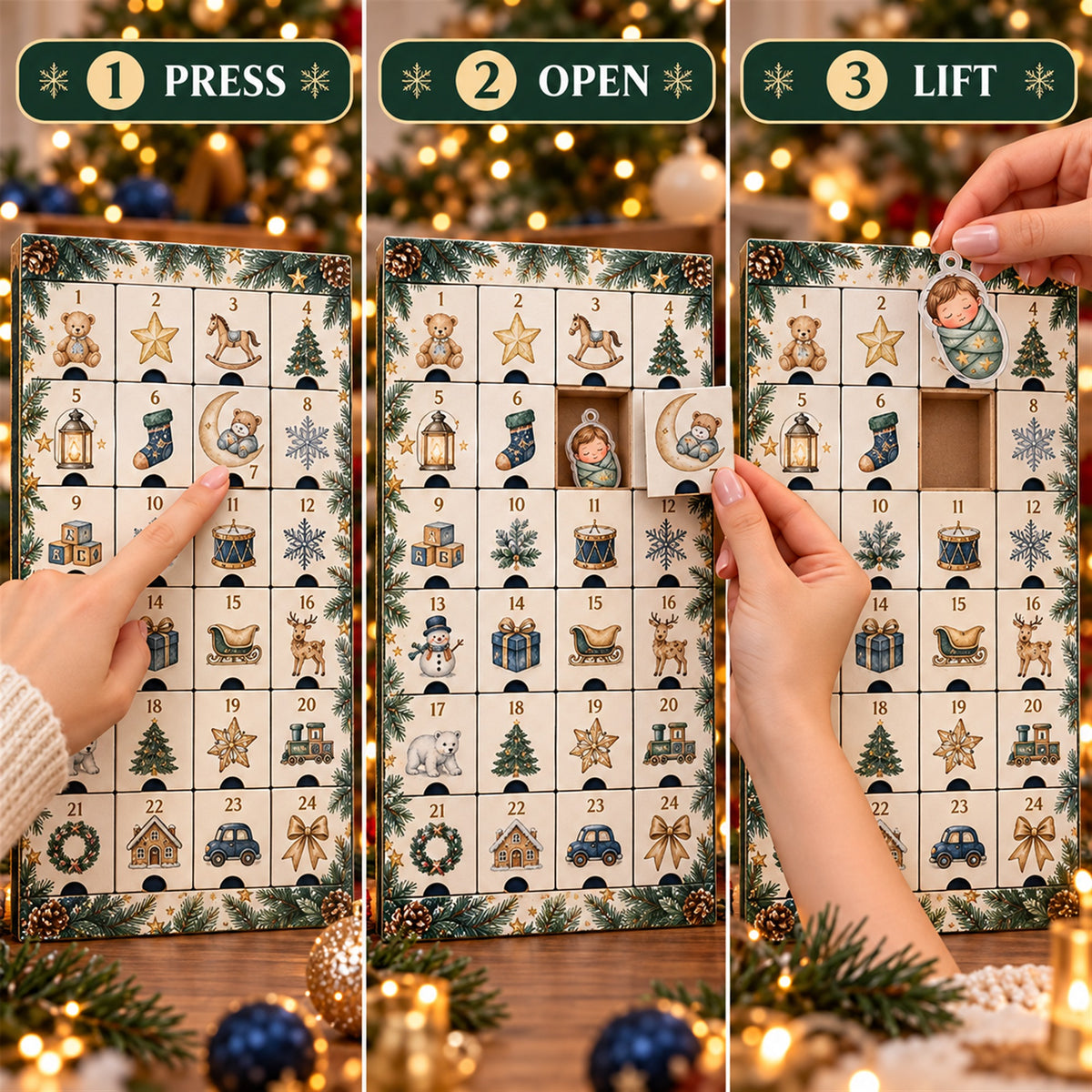 Personalized Baby Boy First Christmas Advent Calendar with 24 Photo Ornaments