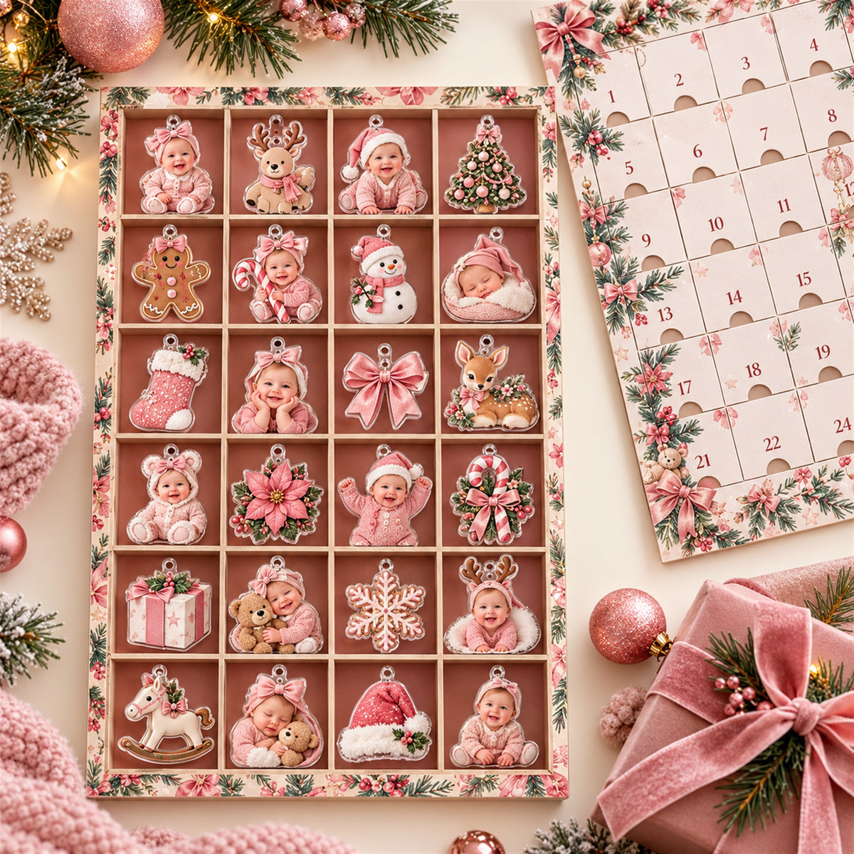 Personalized Baby Girl First Christmas Advent Calendar with 24 Photo Ornaments