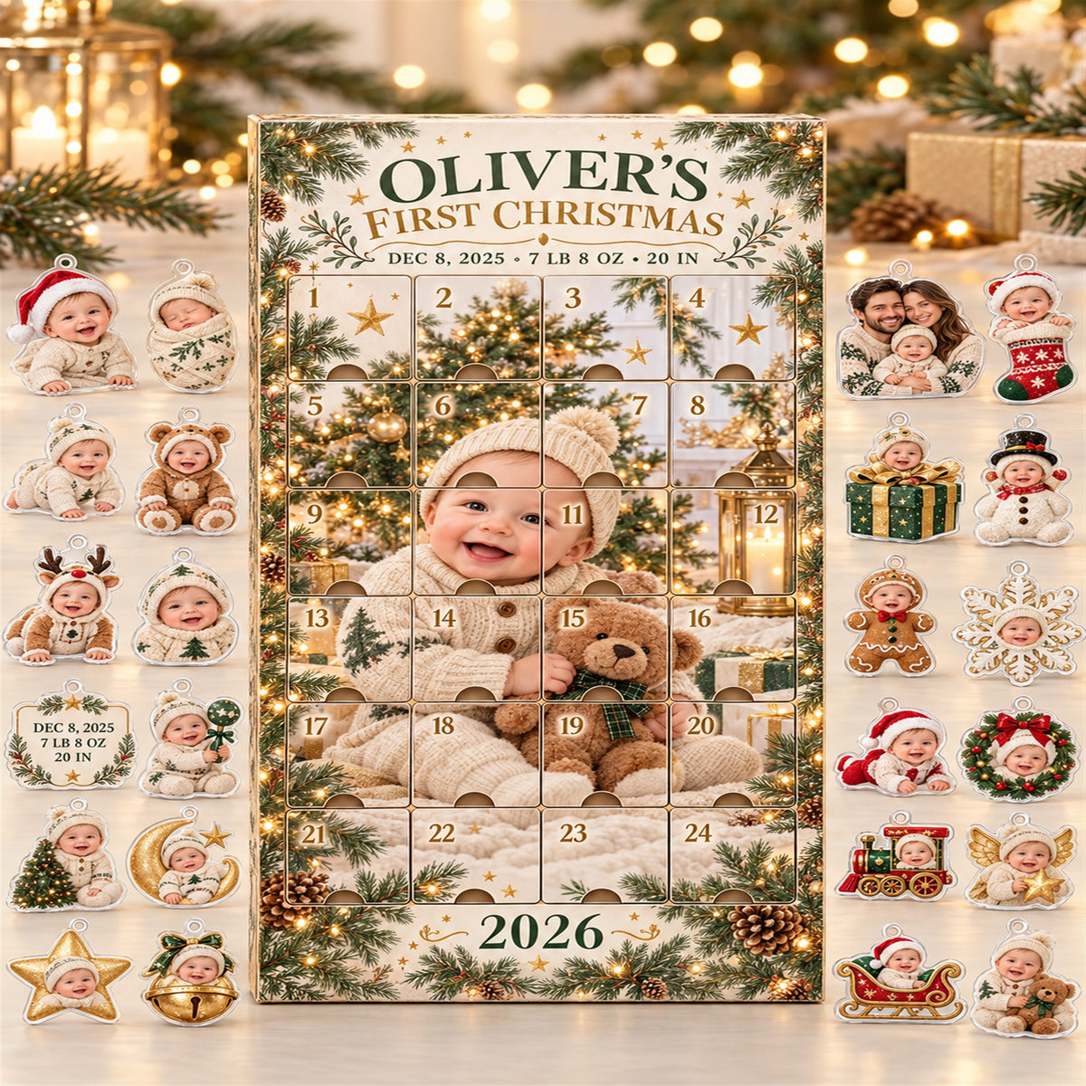 Personalized Baby Birth Stats Advent Calendar with 24 Photo Ornaments