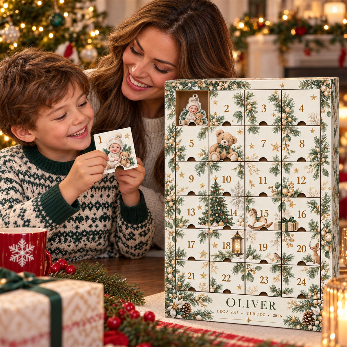 Personalized Baby Birth Stats Advent Calendar with 24 Photo Ornaments
