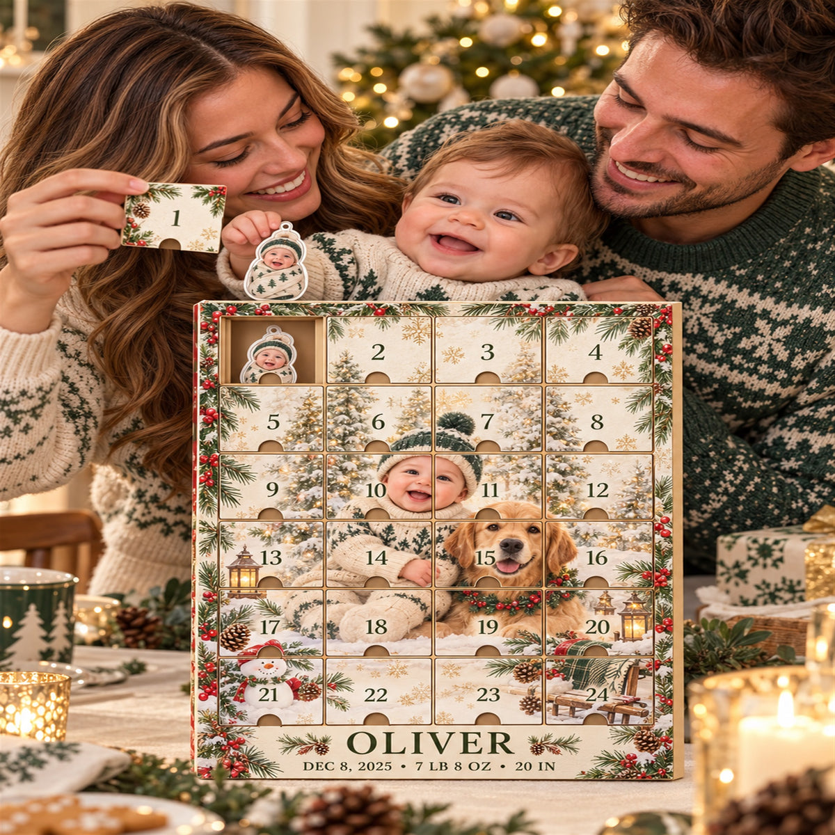 Personalized Baby Birth Stats Advent Calendar with 24 Photo Ornaments
