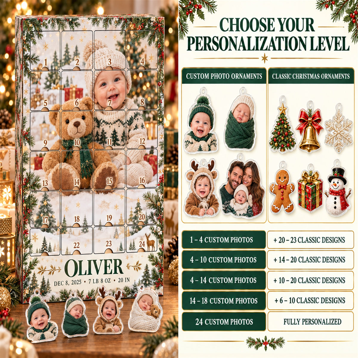 Personalized Baby Birth Stats Advent Calendar with 24 Photo Ornaments