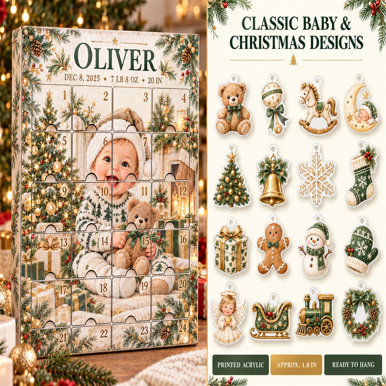Personalized Baby Birth Stats Advent Calendar with 24 Photo Ornaments