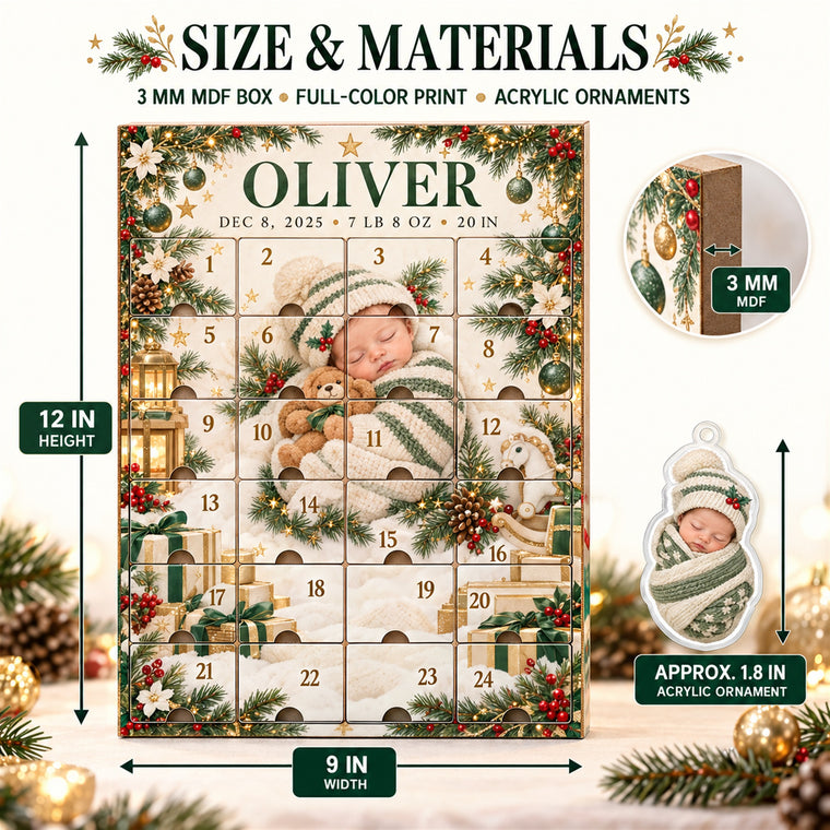 Personalized Baby Birth Stats Advent Calendar with 24 Photo Ornaments