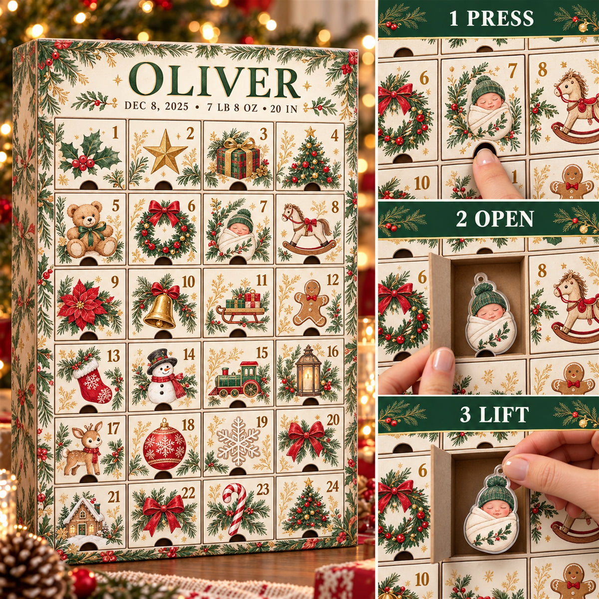Personalized Baby Birth Stats Advent Calendar with 24 Photo Ornaments