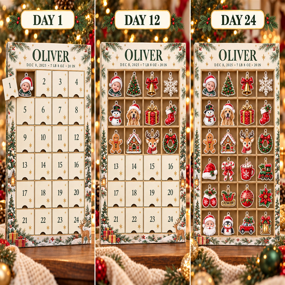 Personalized Baby Birth Stats Advent Calendar with 24 Photo Ornaments