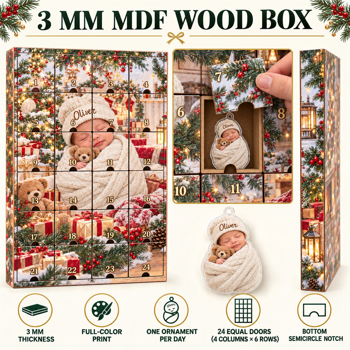 Personalized Baby Birth Stats Advent Calendar with 24 Photo Ornaments