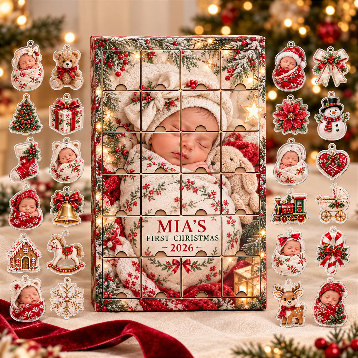 Personalized Newborn First Christmas Advent Calendar with 24 Photo Ornaments