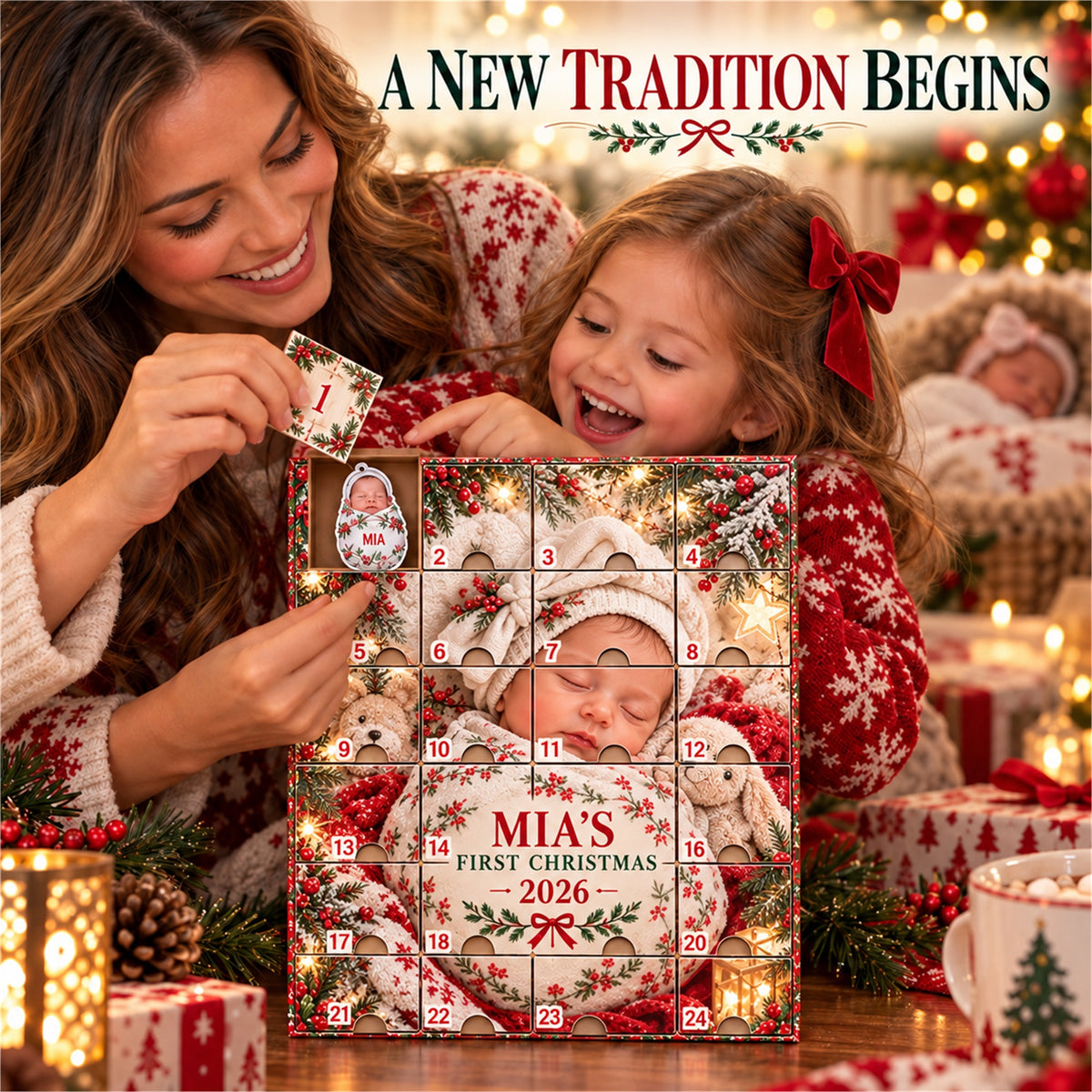 Personalized Newborn First Christmas Advent Calendar with 24 Photo Ornaments
