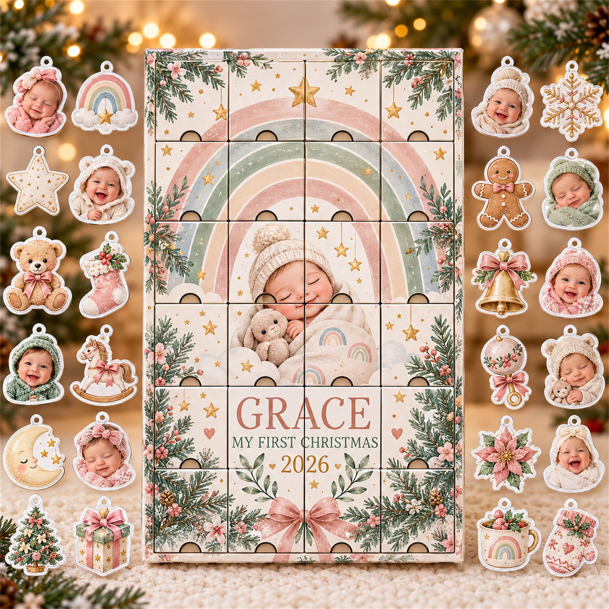 Personalized Rainbow Baby First Christmas Advent Calendar with 24 Photo Ornaments