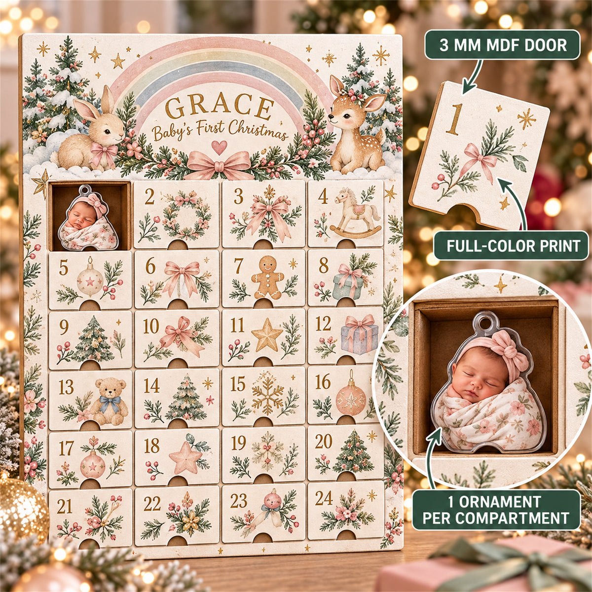 Personalized Rainbow Baby First Christmas Advent Calendar with 24 Photo Ornaments