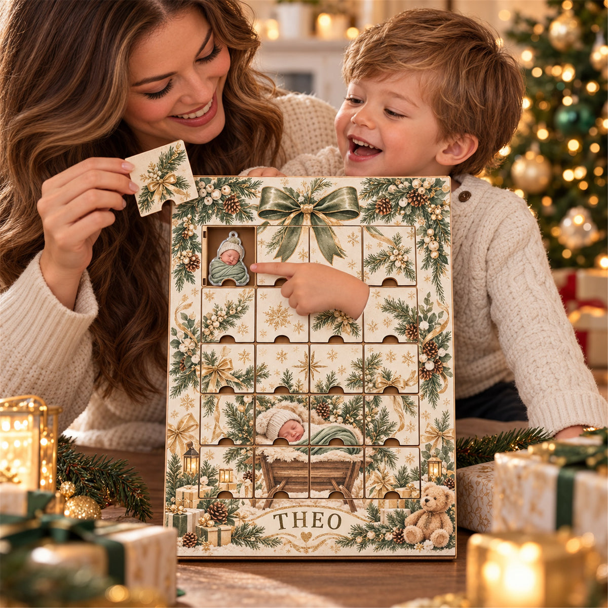Personalized Miracle Baby First Christmas Advent Calendar with 24 Photo Ornaments