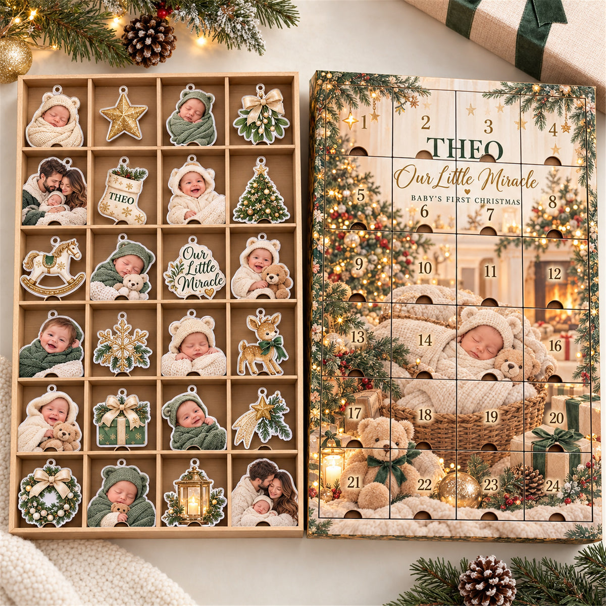 Personalized Miracle Baby First Christmas Advent Calendar with 24 Photo Ornaments