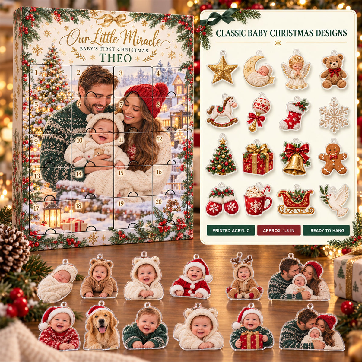 Personalized Miracle Baby First Christmas Advent Calendar with 24 Photo Ornaments