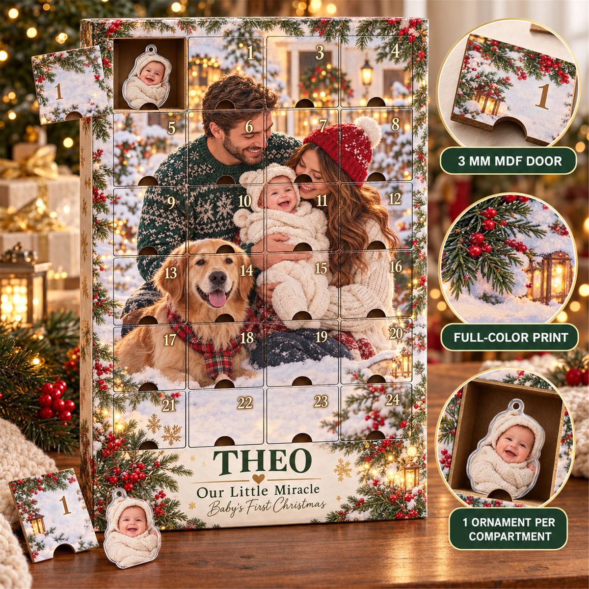 Personalized Miracle Baby First Christmas Advent Calendar with 24 Photo Ornaments