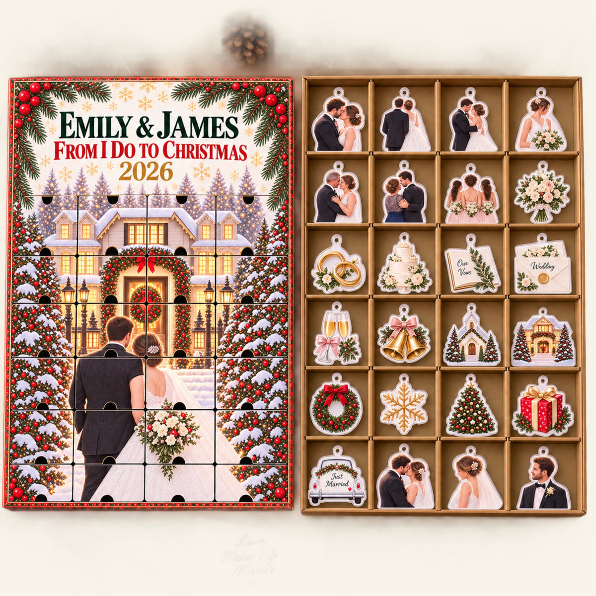 Personalized From I Do To Christmas Advent Calendar with 24 Photo Ornaments