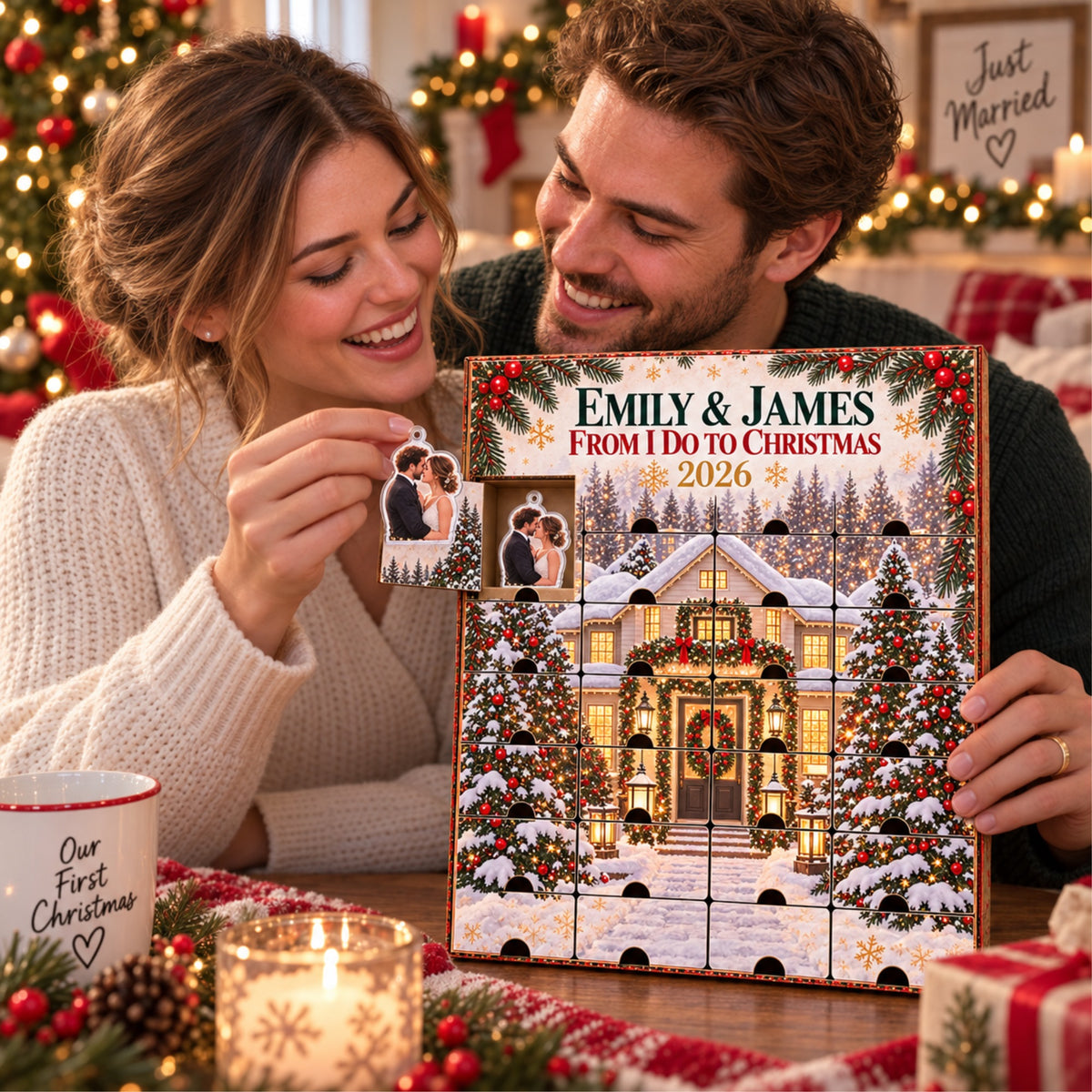 Personalized From I Do To Christmas Advent Calendar with 24 Photo Ornaments