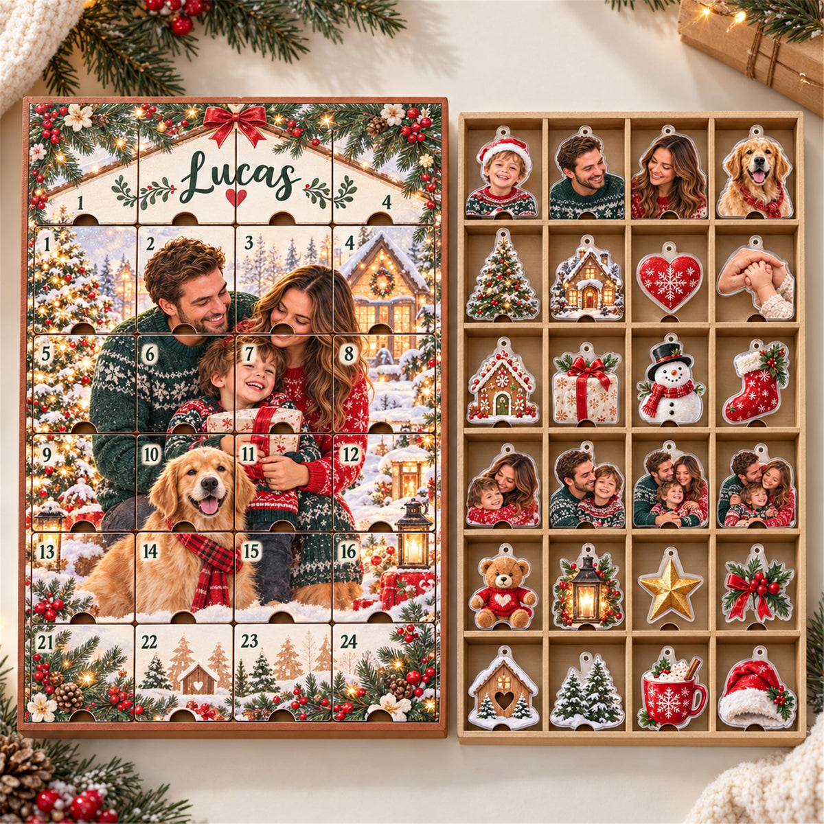 Personalized Adopted Baby First Christmas Advent Calendar with 24 Photo Ornaments
