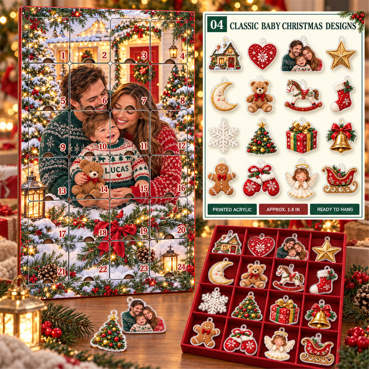 Personalized Adopted Baby First Christmas Advent Calendar with 24 Photo Ornaments
