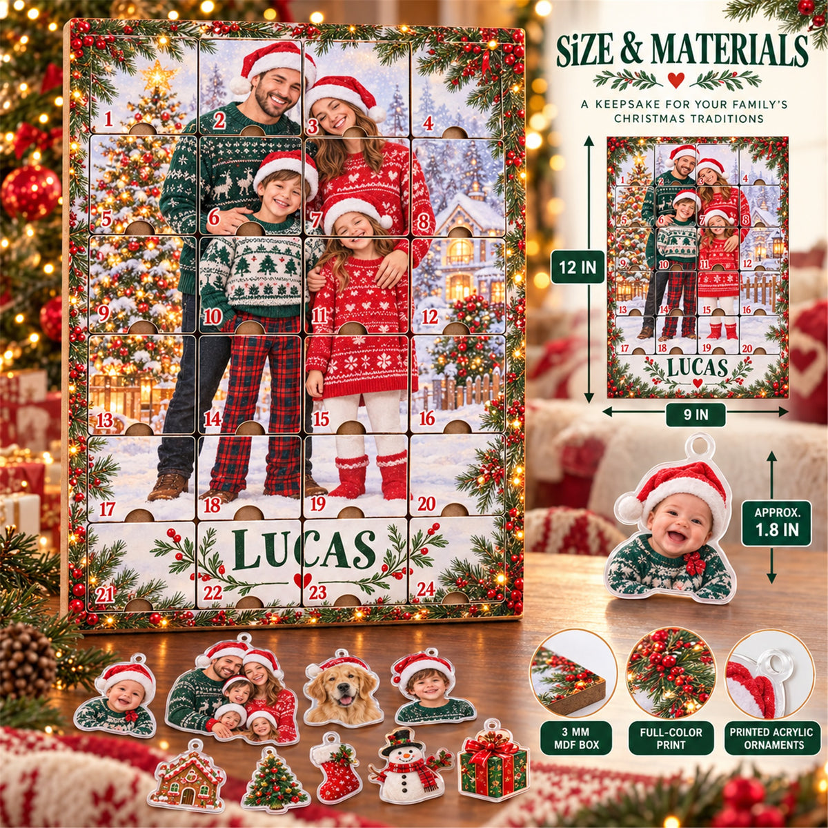 Personalized Adopted Baby First Christmas Advent Calendar with 24 Photo Ornaments