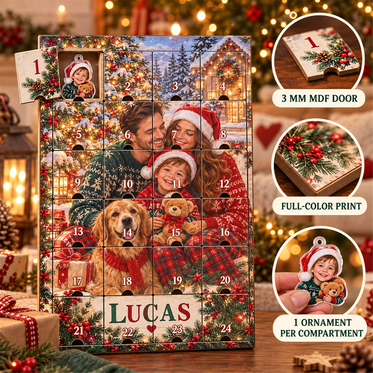 Personalized Adopted Baby First Christmas Advent Calendar with 24 Photo Ornaments