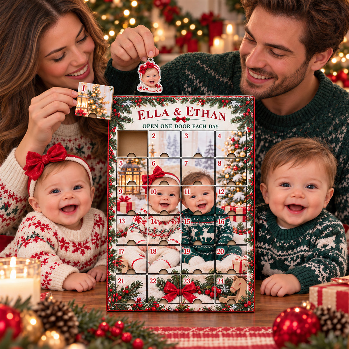 Personalized Twins First Christmas Advent Calendar with 24 Photo Ornaments