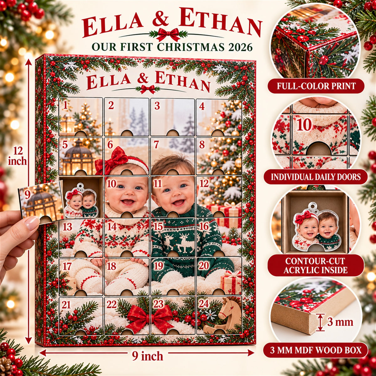 Personalized Twins First Christmas Advent Calendar with 24 Photo Ornaments