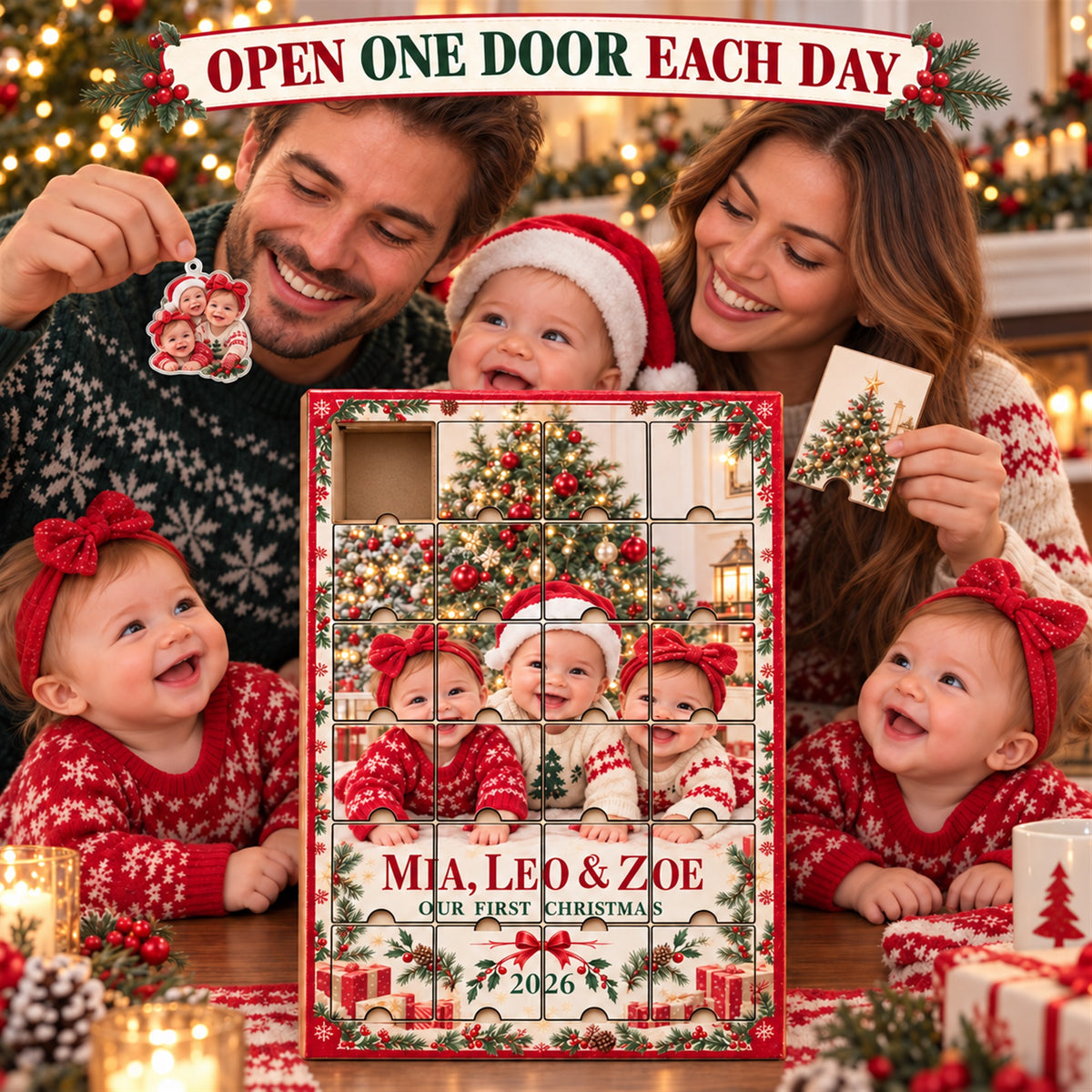 Personalized Triplets First Christmas Advent Calendar with 24 Photo Ornaments