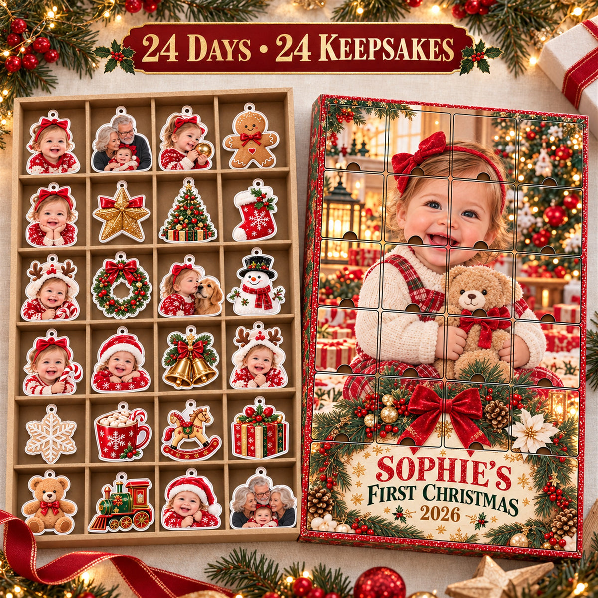 Personalized First Grandbaby Christmas Advent Calendar with 24 Photo Ornaments