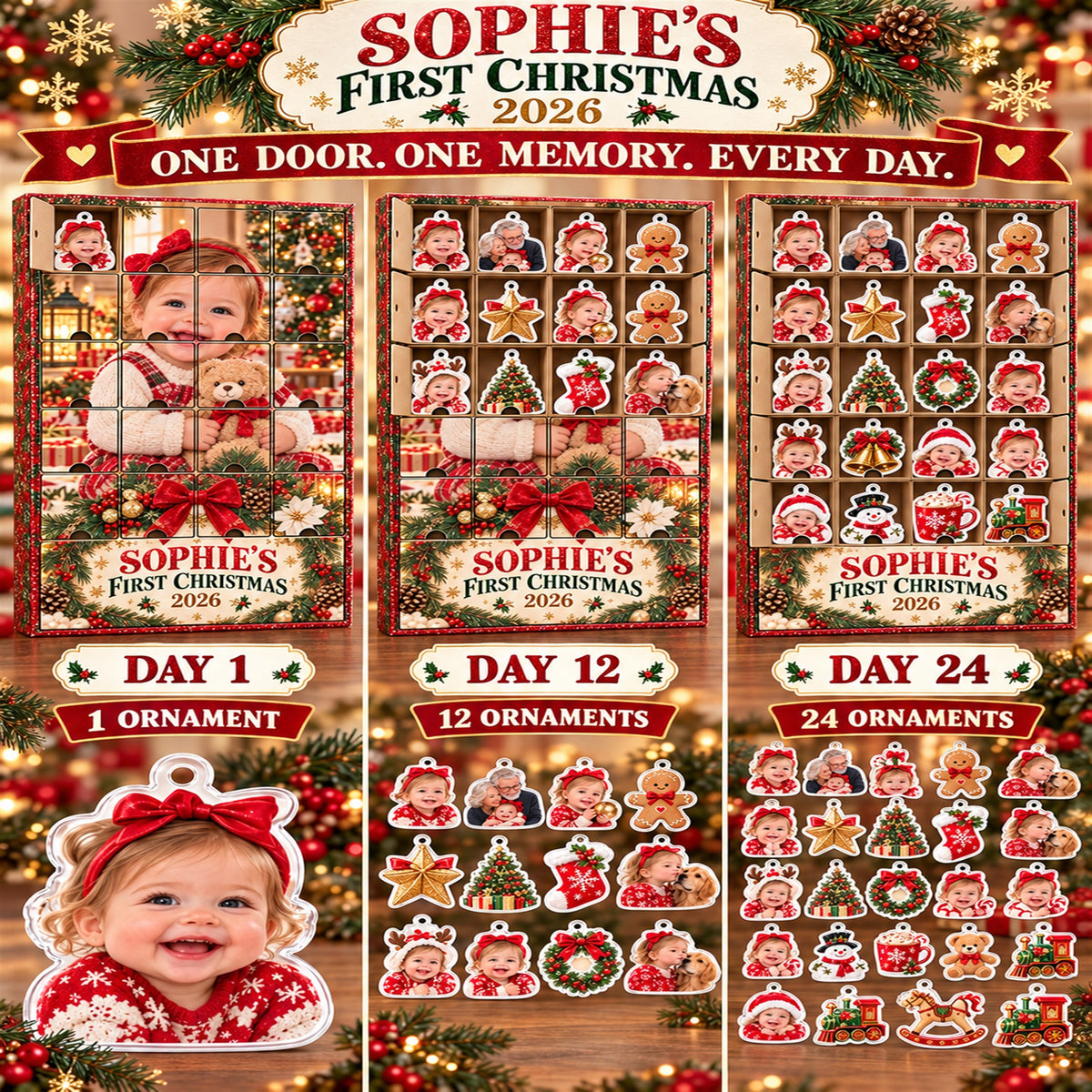 Personalized First Grandbaby Christmas Advent Calendar with 24 Photo Ornaments