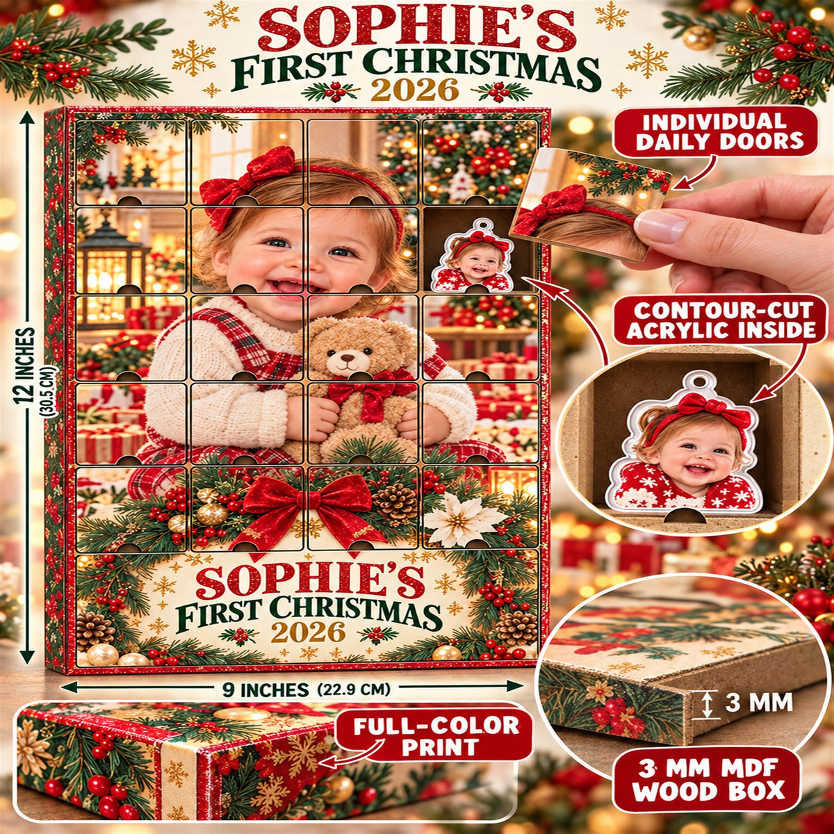 Personalized First Grandbaby Christmas Advent Calendar with 24 Photo Ornaments
