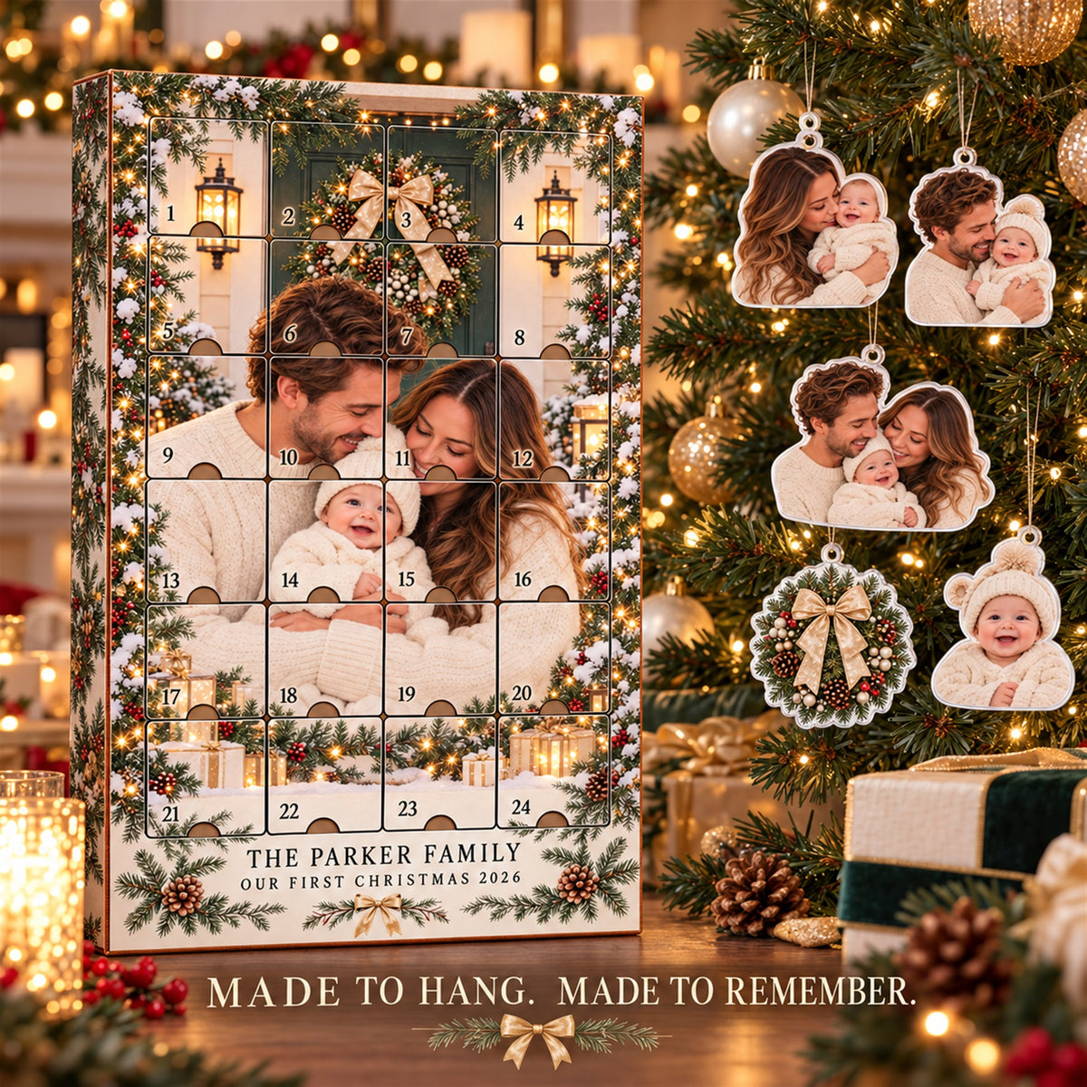 Personalized First Christmas Family of Three Advent Calendar with 24 Photo Ornaments