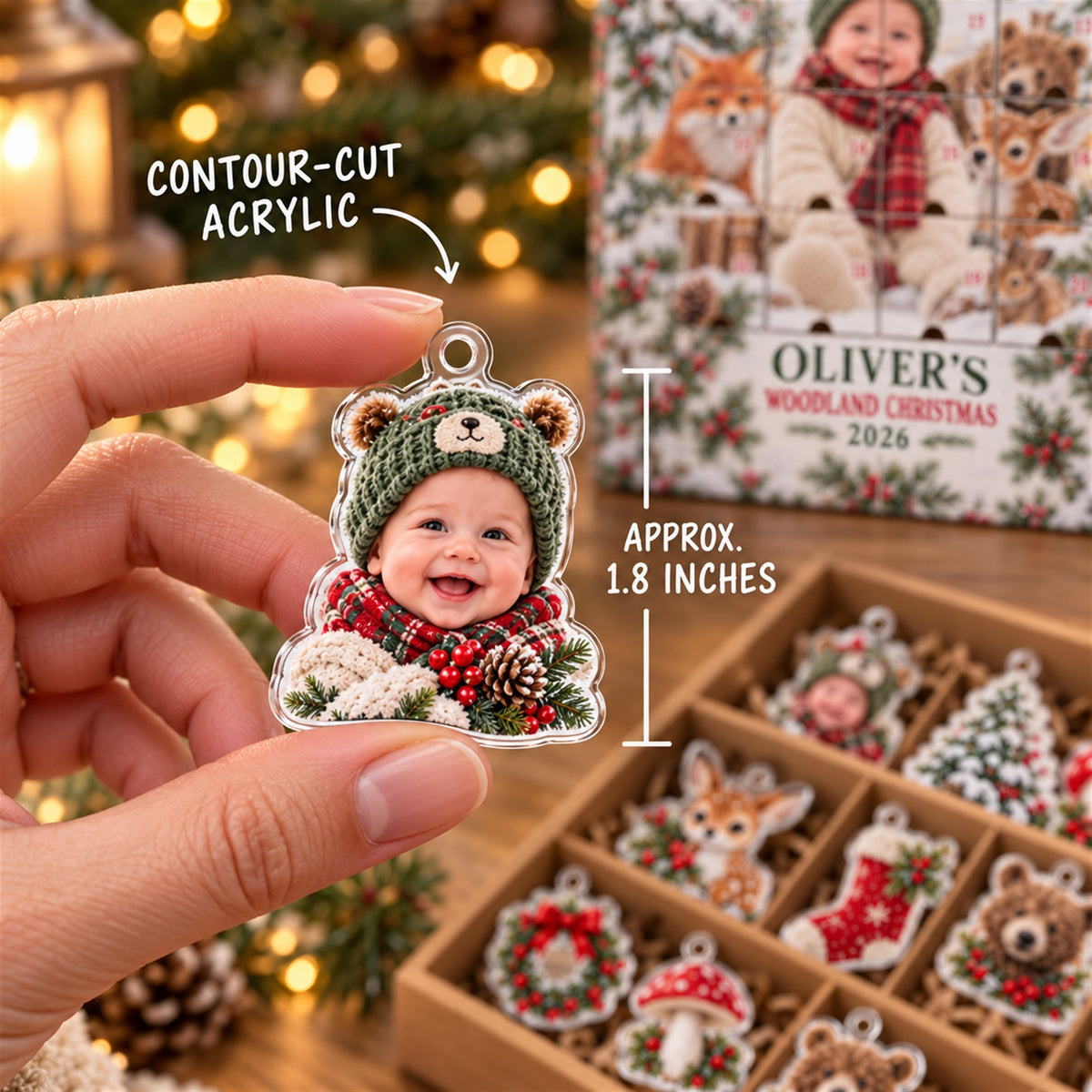 Personalized Woodland Baby First Christmas Advent Calendar with 24 Photo Ornaments