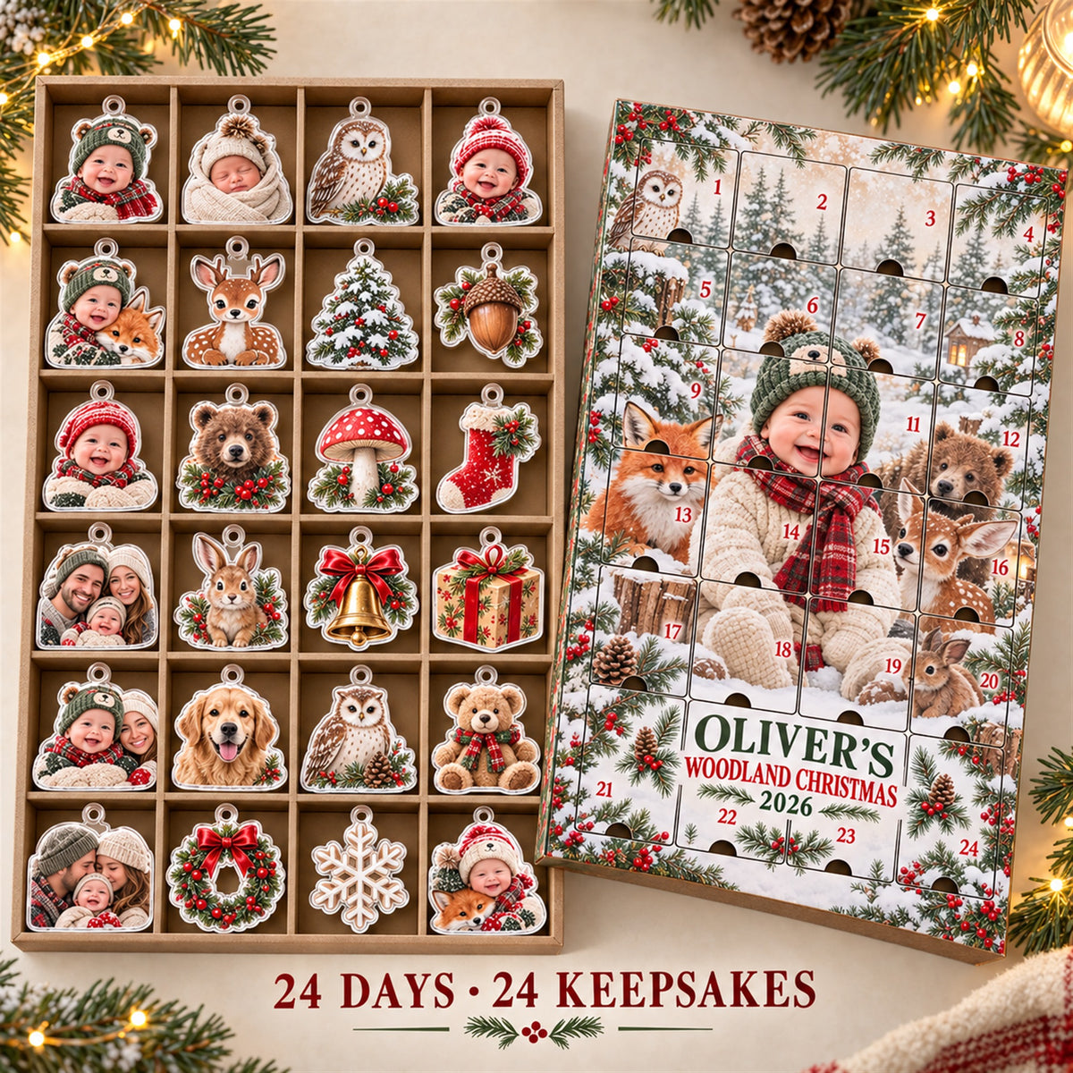Personalized Woodland Baby First Christmas Advent Calendar with 24 Photo Ornaments