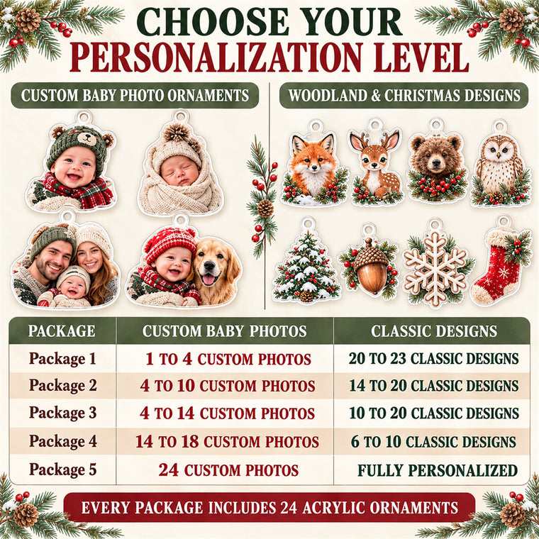 Personalized Woodland Baby First Christmas Advent Calendar with 24 Photo Ornaments