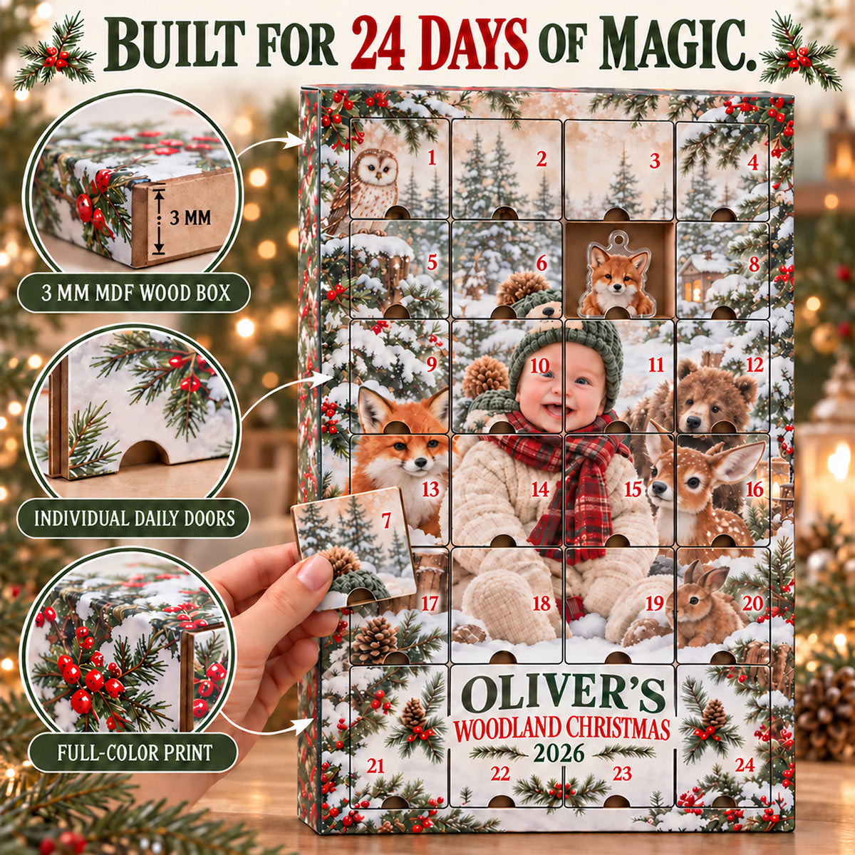 Personalized Woodland Baby First Christmas Advent Calendar with 24 Photo Ornaments