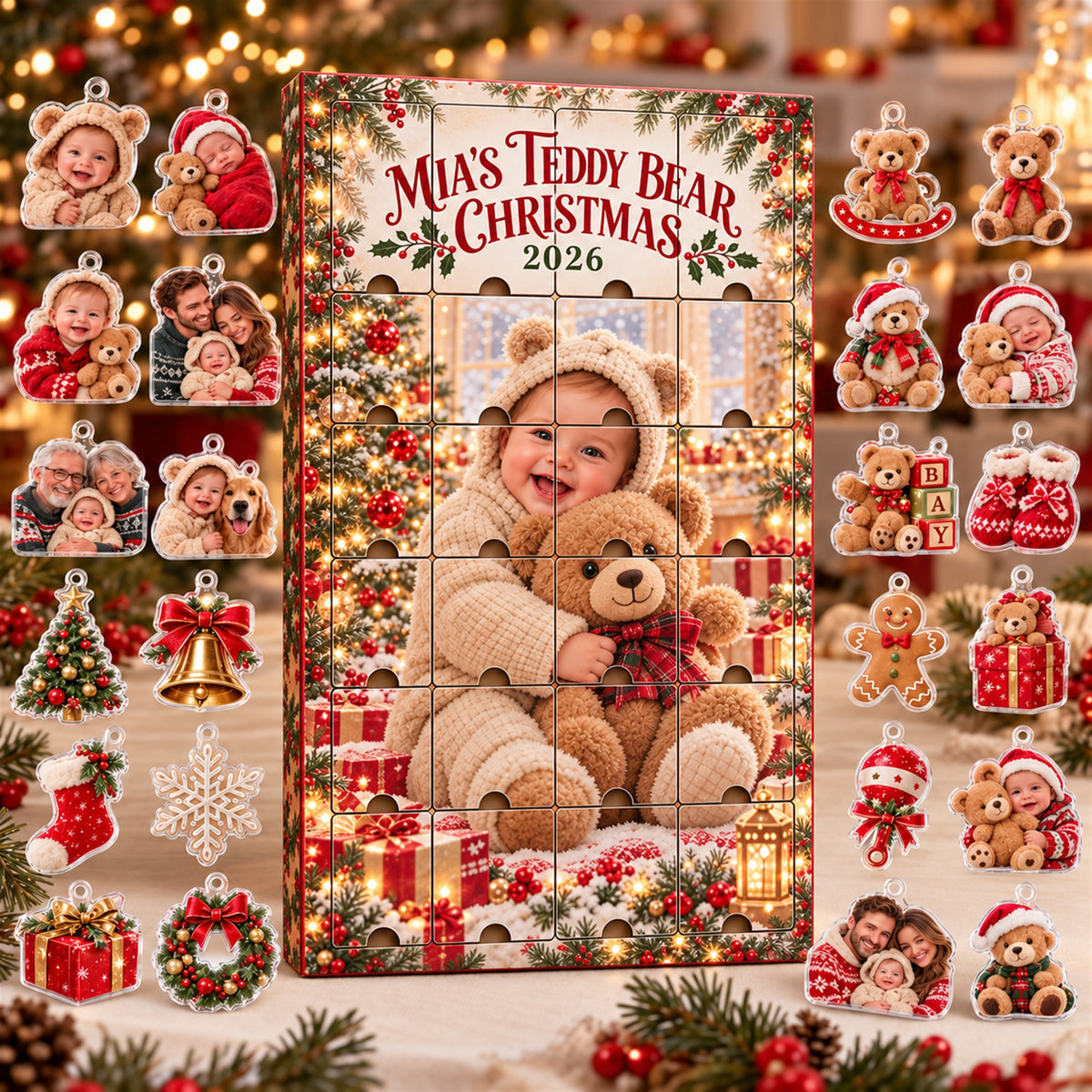 Personalized Teddy Bear Baby First Christmas Advent Calendar with 24 Photo Ornaments