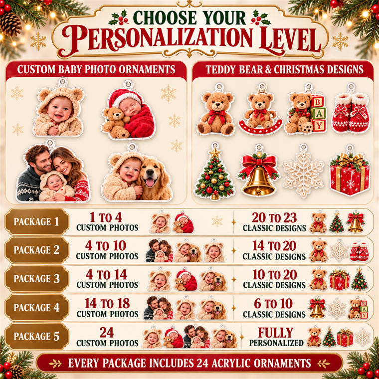 Personalized Teddy Bear Baby First Christmas Advent Calendar with 24 Photo Ornaments