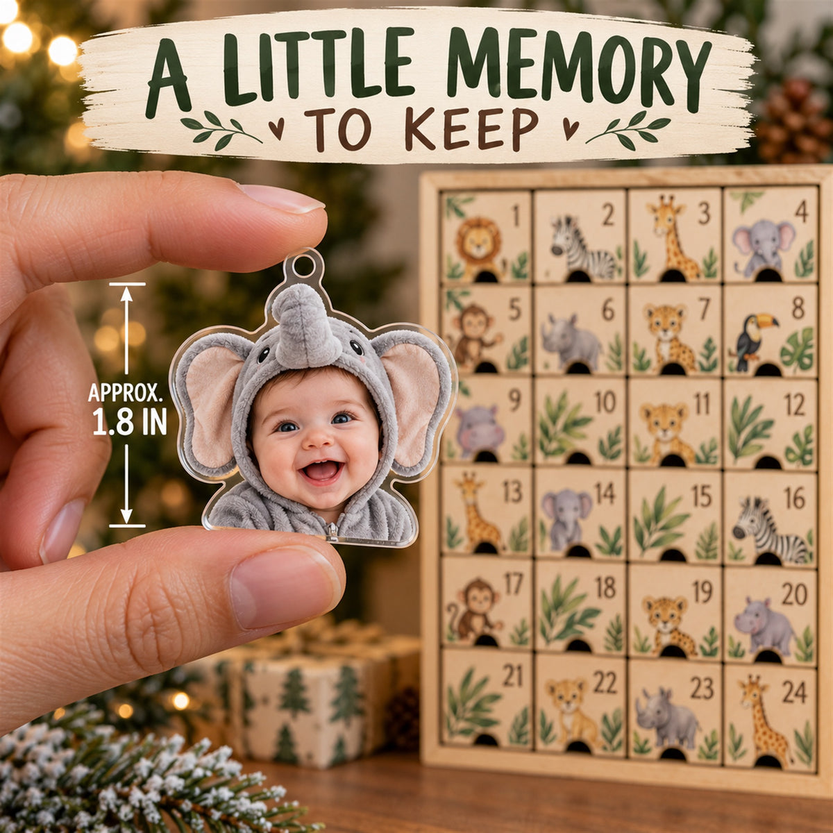Personalized Safari Baby First Christmas Advent Calendar with 24 Photo Ornaments