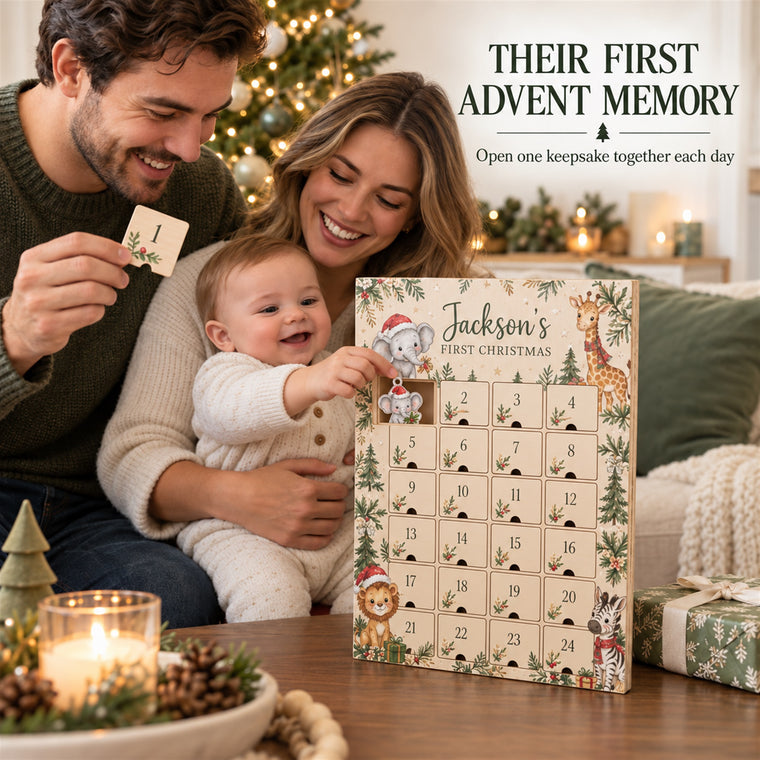 Personalized Safari Baby First Christmas Advent Calendar with 24 Photo Ornaments