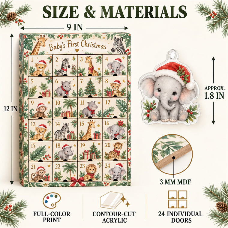 Personalized Safari Baby First Christmas Advent Calendar with 24 Photo Ornaments