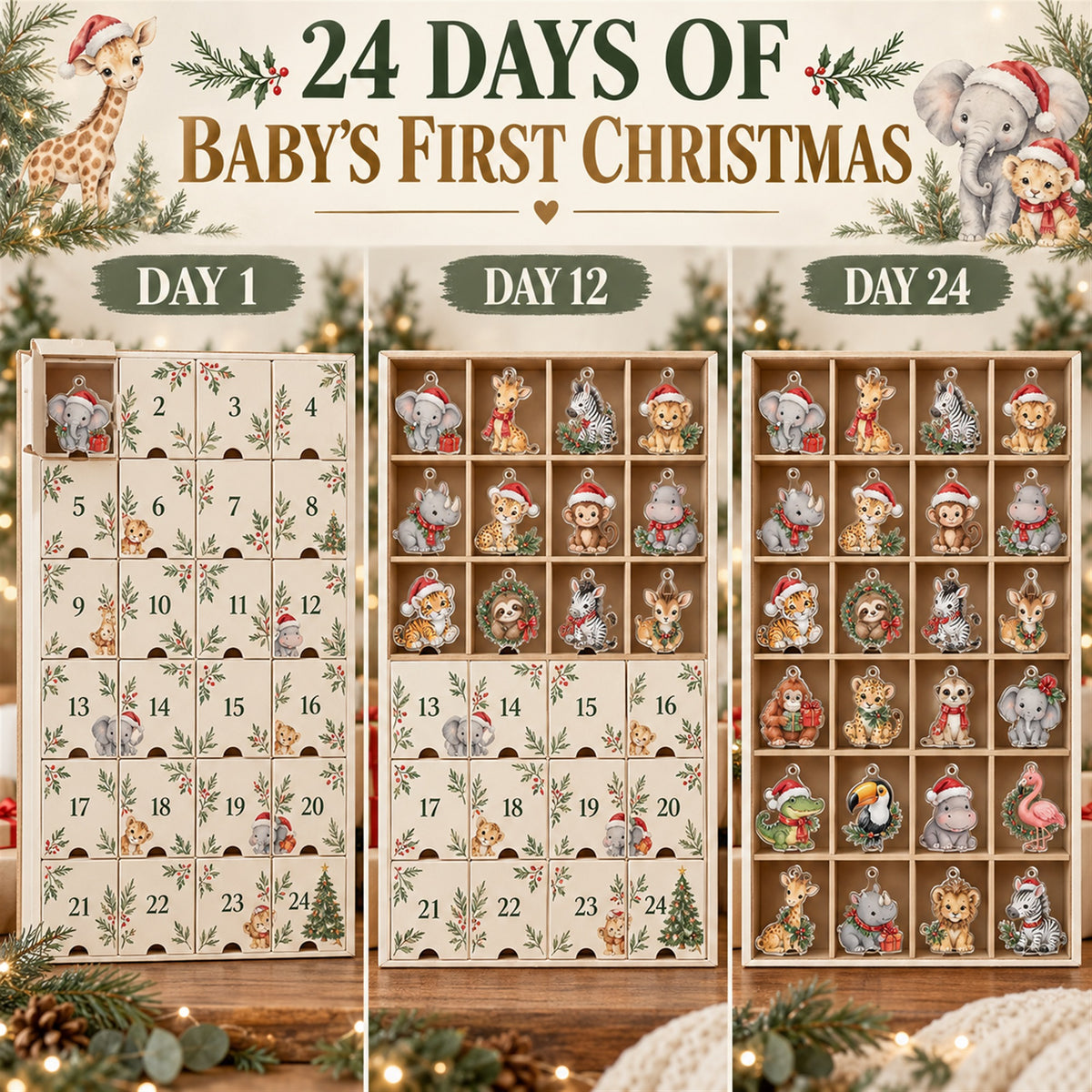 Personalized Safari Baby First Christmas Advent Calendar with 24 Photo Ornaments