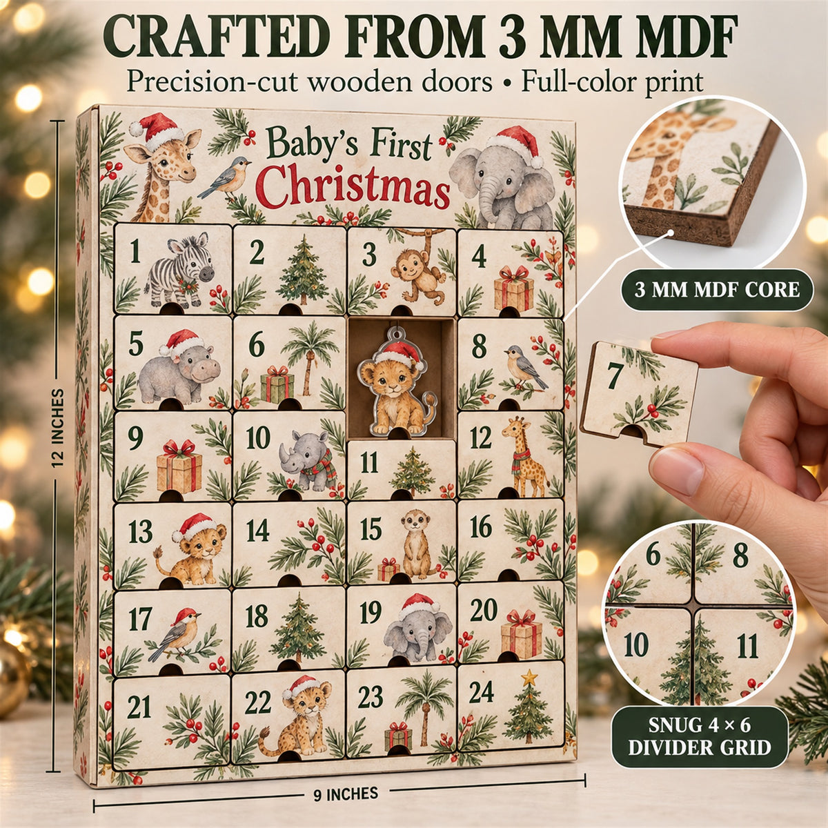Personalized Safari Baby First Christmas Advent Calendar with 24 Photo Ornaments