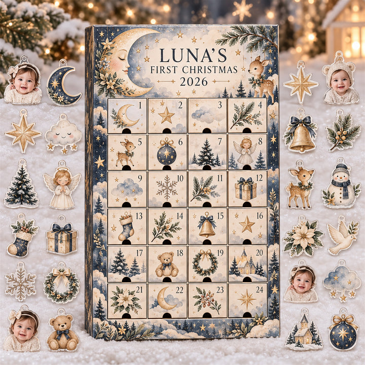 Personalized Boho Moon Stars Baby Christmas Advent Calendar with 24 Photo Ornaments
