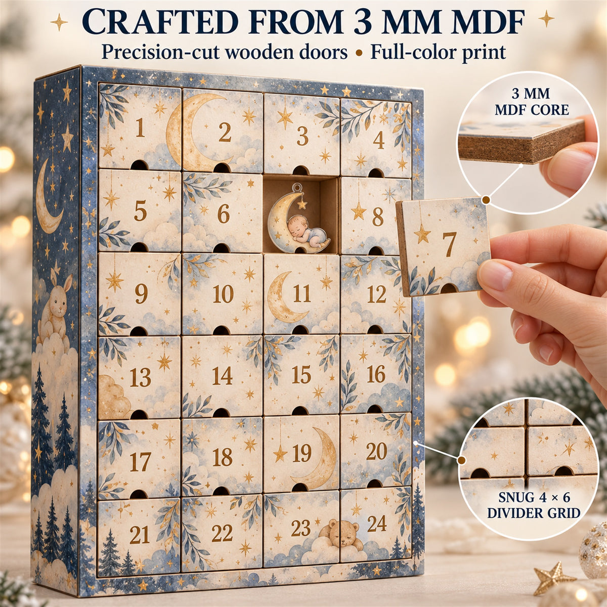 Personalized Boho Moon Stars Baby Christmas Advent Calendar with 24 Photo Ornaments