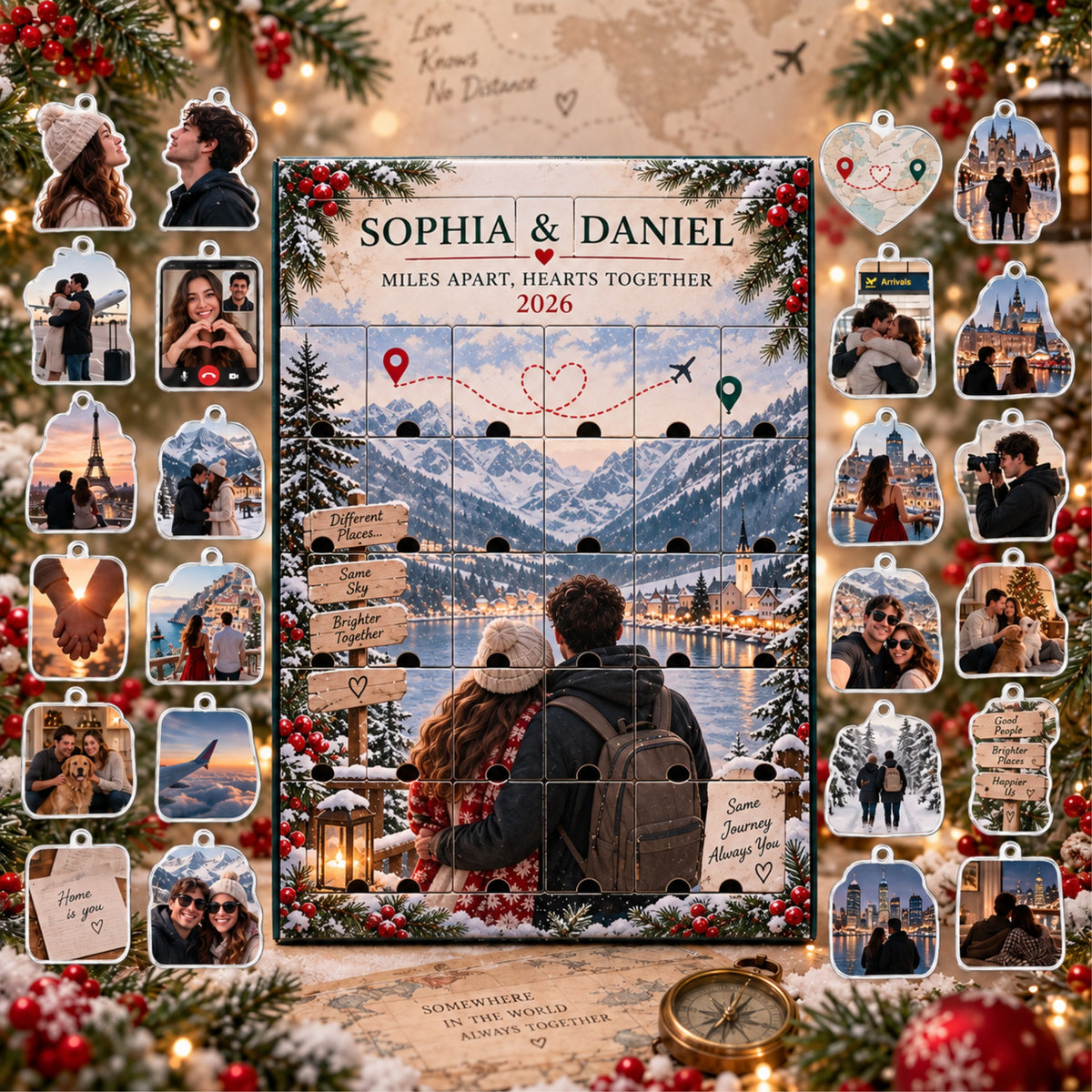 Personalized Miles Apart Hearts Together Advent Calendar with 24 Photo Ornaments