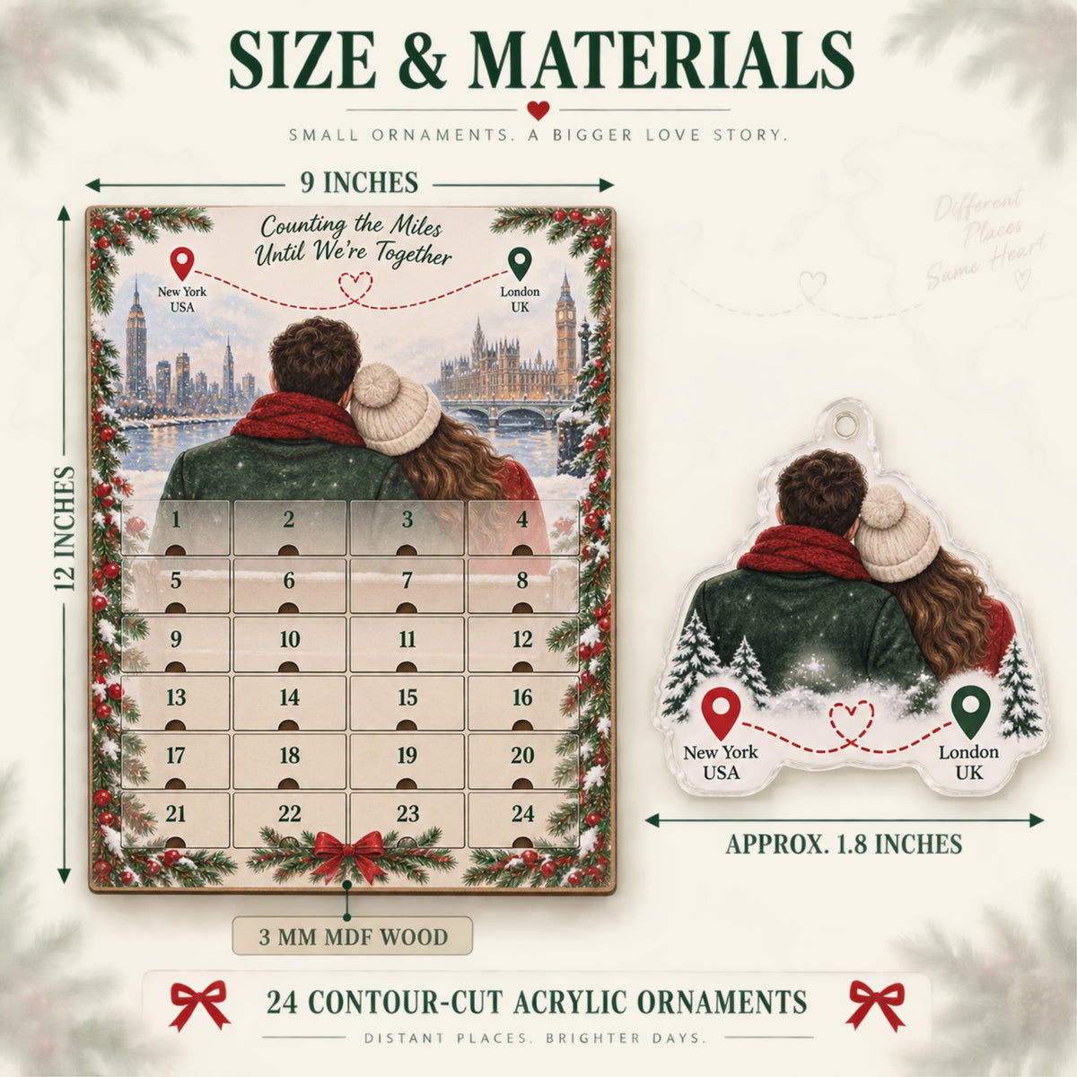 Personalized Miles Apart Hearts Together Advent Calendar with 24 Photo Ornaments